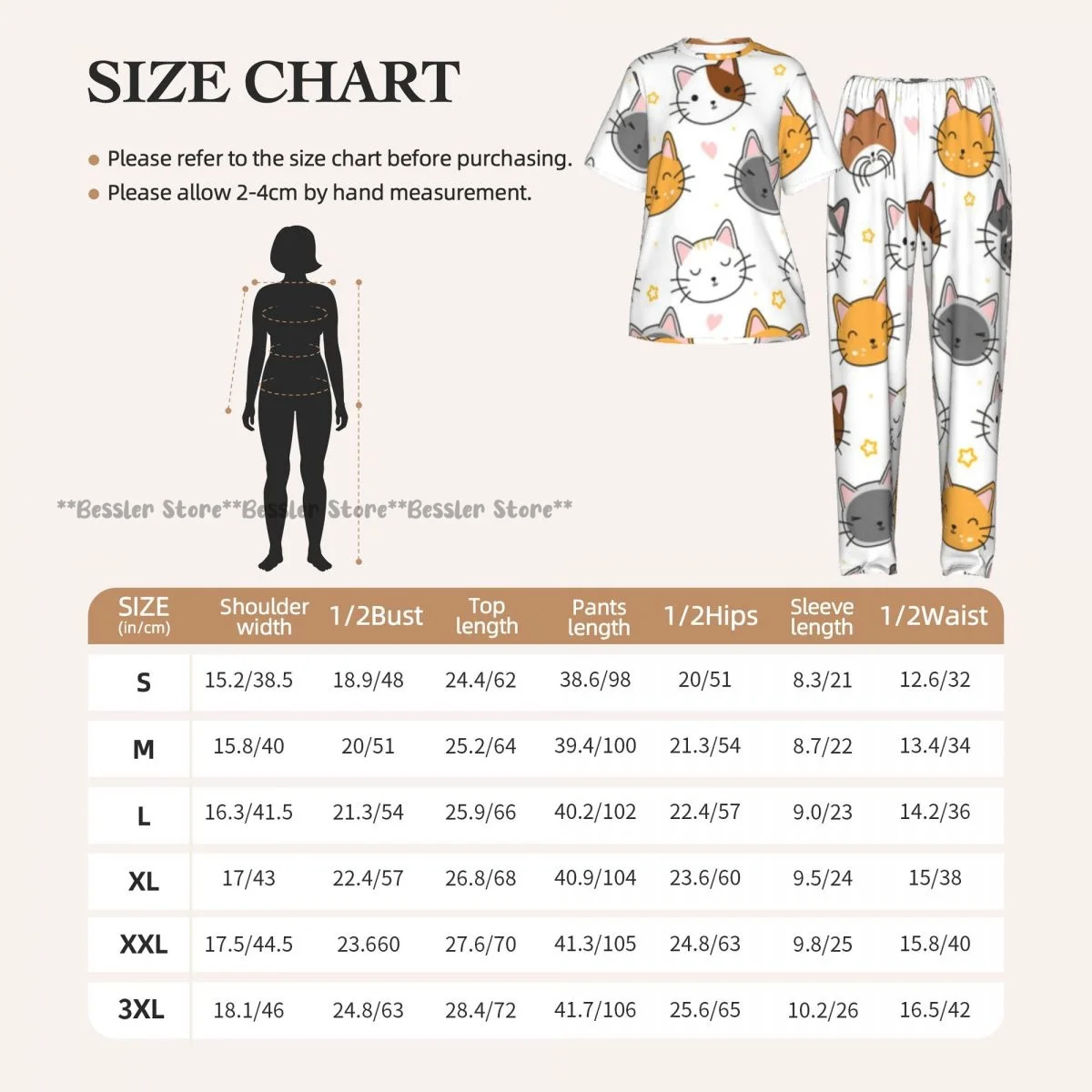 Women's Pajamas Set Cute Cats With Stars And Hearts Short Sleeve Sleepwear 2 Piece Homewear Loungewear 6