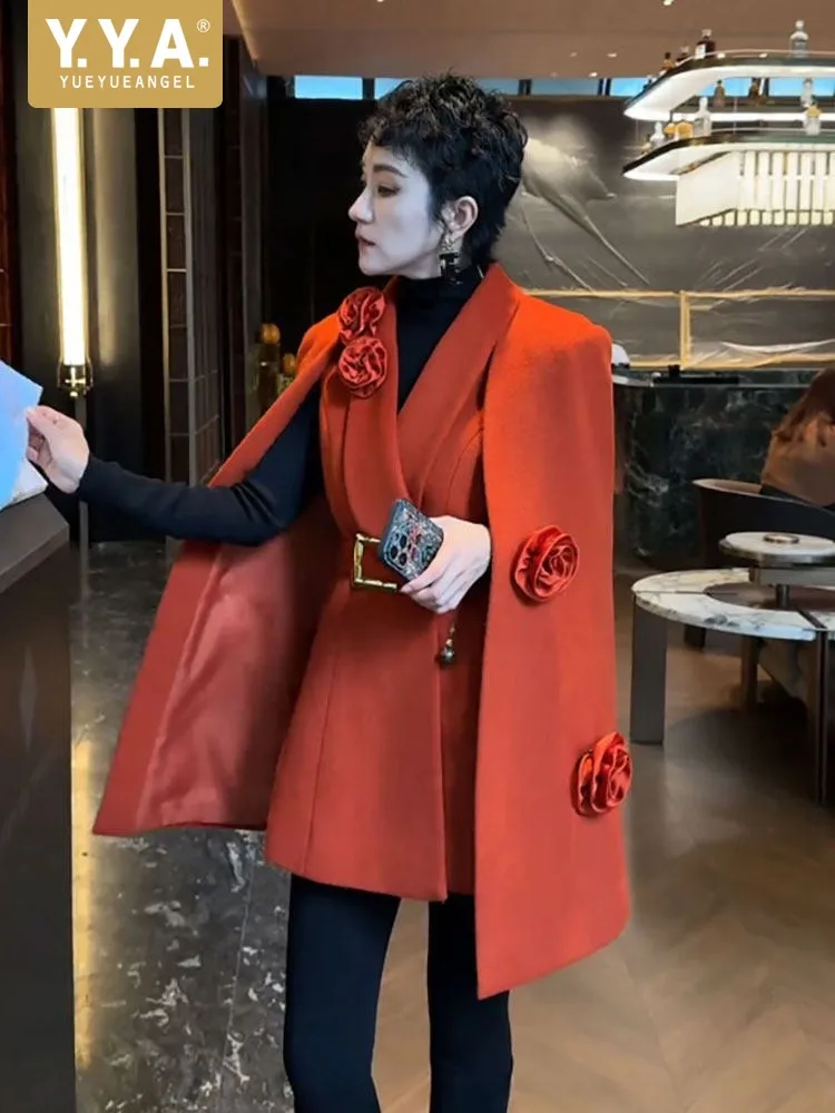 

Korean Style Office Ladies Appliques Shawl Cape Coat V-Neck Sashes Jacket Mid-length Womens Banquet Outerwear Party Overcoat