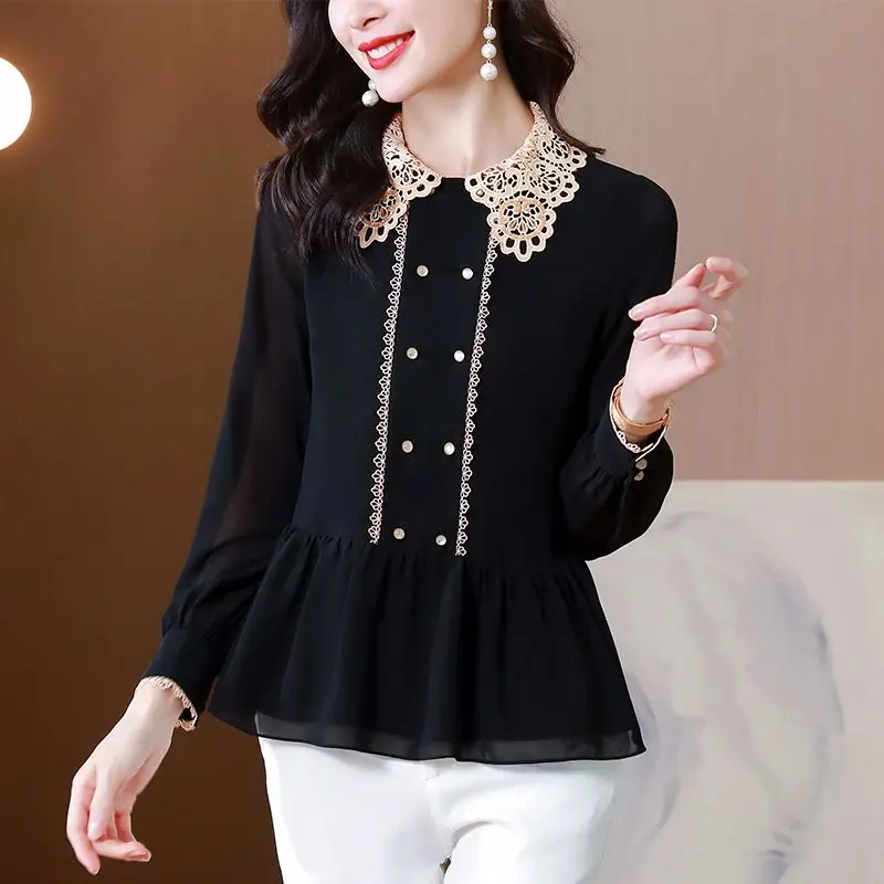 Elegant Lace Spliced Turn-down Collar Shirt Spring Autumn New Long Sleeve Female Clothing Fashion Solid Color Button Slim Blouse