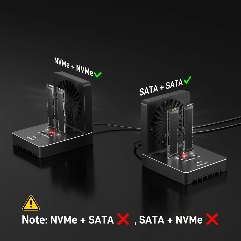 FIDECO M.2 NVMe SATA SSD Cloner Dock Dual-Bay 20Gbps SSD Enclosure with Foldable Cooling Fan Supports Offline Clone for M.2 Case view 5