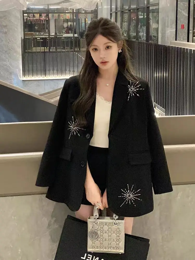 2026 Spring Autumn Design Heavy Industry Hot Drilling Ladies Blazer Jacket Casual Korean High Street Temperament Women Suit Coat