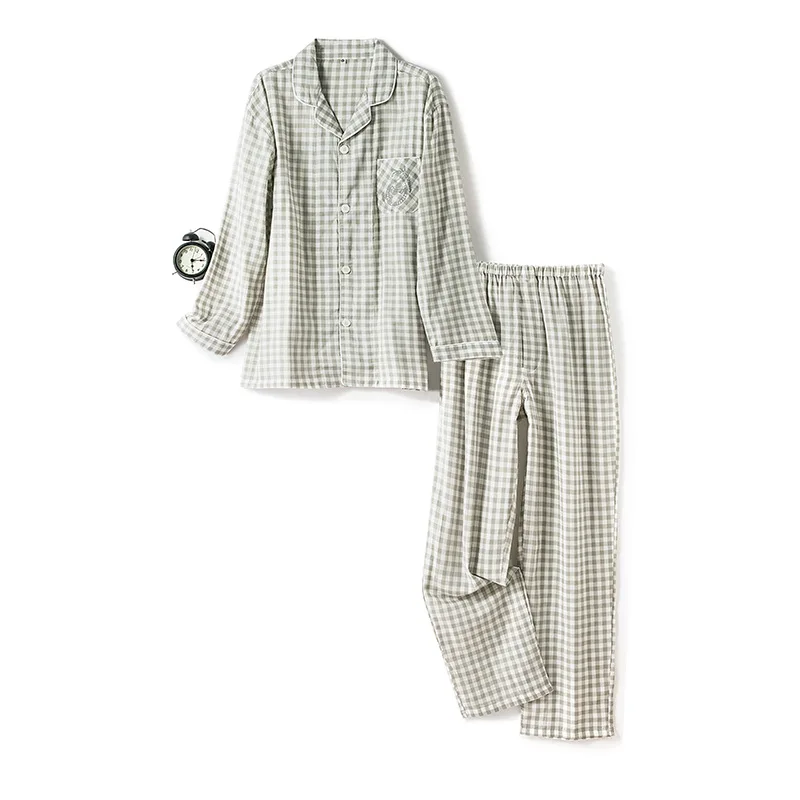 Pajama Set For Women Cotton Home Pajamas Men Comfortable Lapel Cardigan Pant Suit Plaid Sleepwear Night Clothing Pijamas Mujer