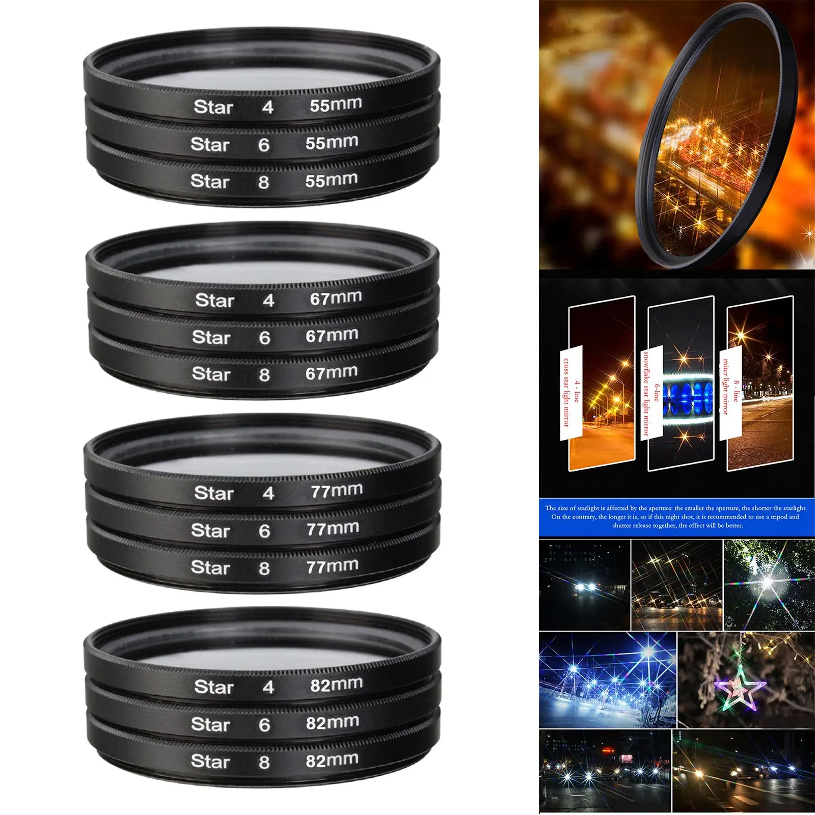 3 Pieces DSLR Camera filter Set, with star 4 6 8 Points Photography Accessories