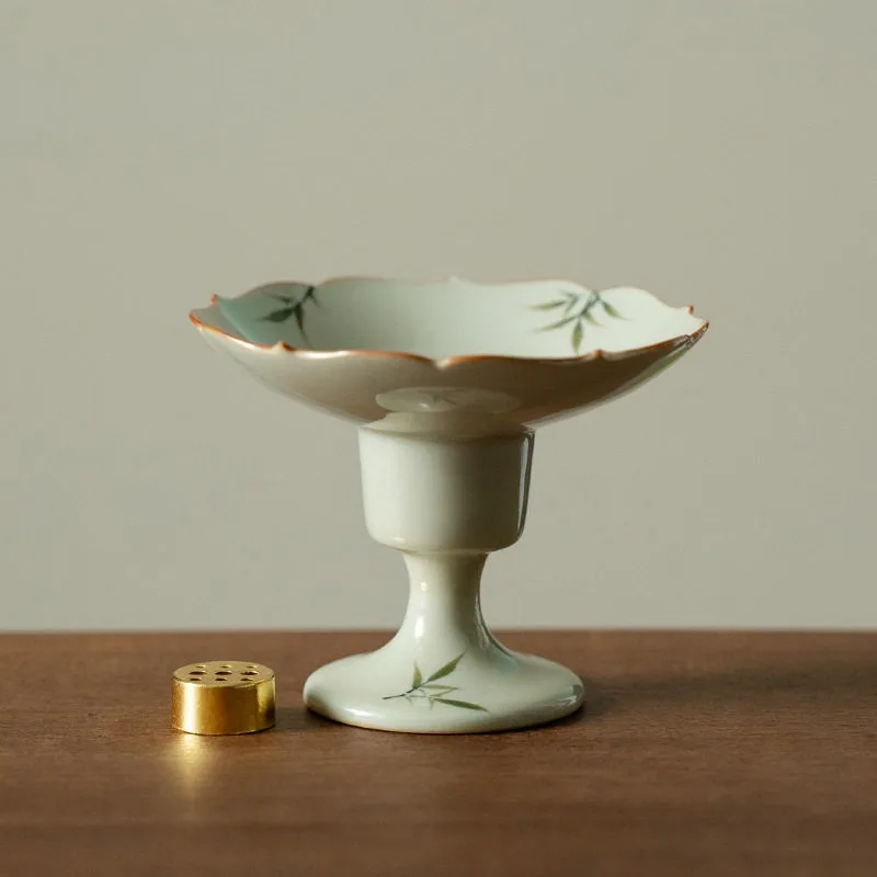 Hand-painted Grass Ash Brushed Bamboo High-Stem Small Round Incense Burner for Home Use Incense Holder Aroma Diffuser Base