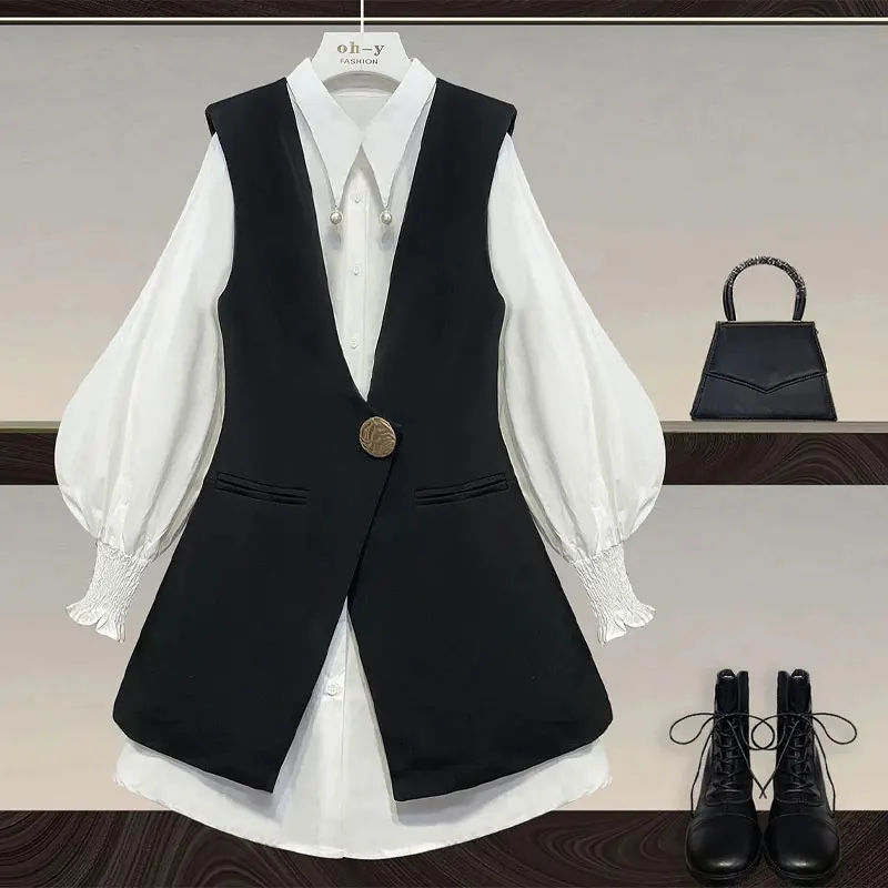 

Korean Commute Turn-down Collar Blouse Spring Autumn Fashion Beading Female Clothing Two Piece Set Vest Single-breasted Shirt