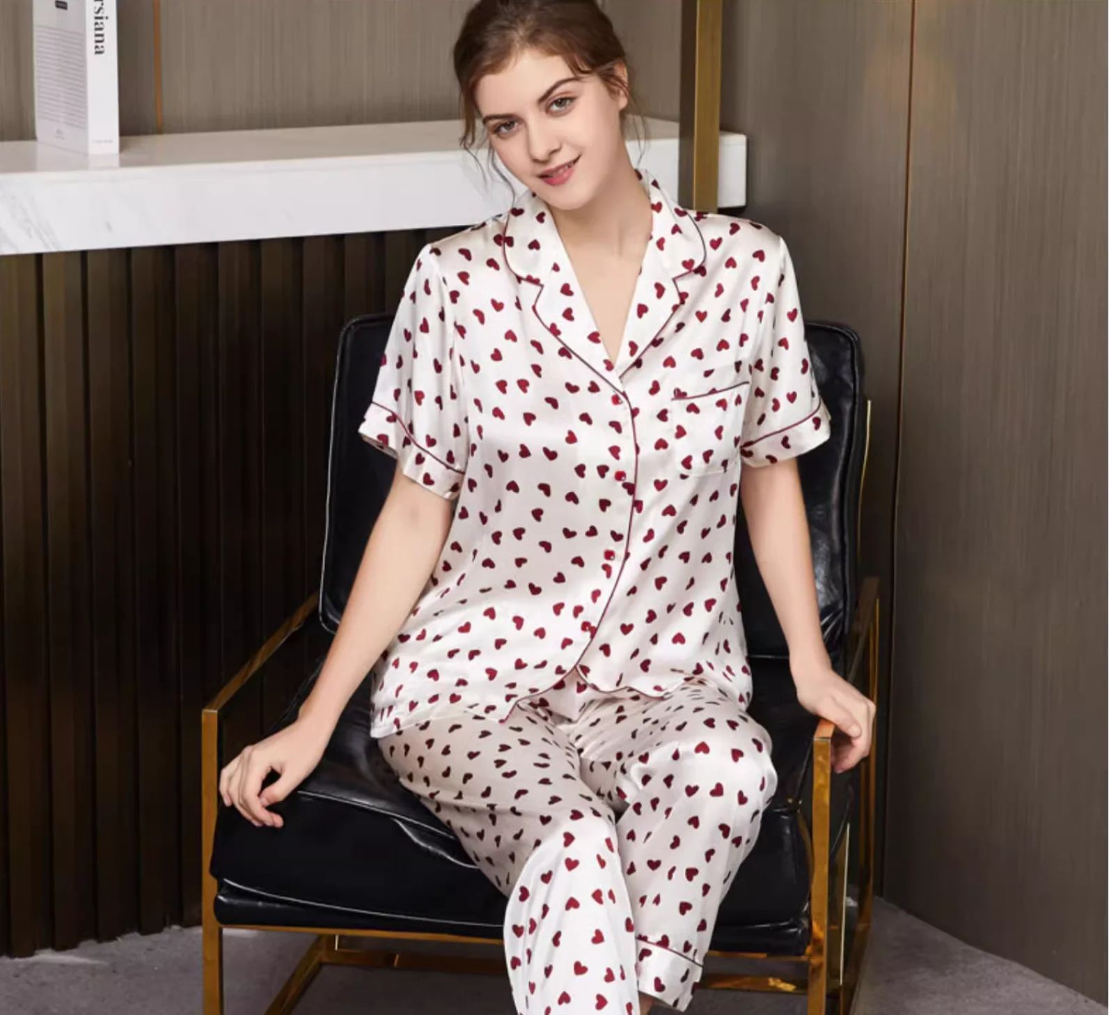 Heart Print 2pcs Mulberry Silk Cardigan Nightwear Long Sleeve Casual Pj Set Lovely Pure Silk Sleepwear Loungewear Pajamas Set