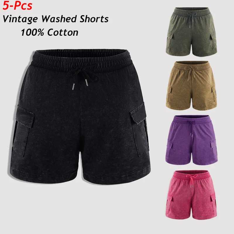 

Men 5Pcs Vintage Washed Shorts Pocket Comfy Cotton Short Pants Suit Casual Loose Fashion Sportpants Sport Beach Swimming Trunks