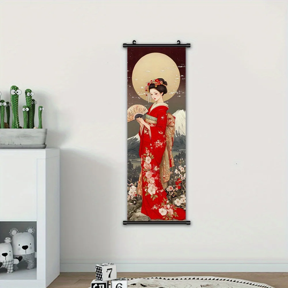 VIKAMA Japanese Geisha Fuji Canvas Wall Art Scroll Poster Framed for Living Room Bedroom Home Gift