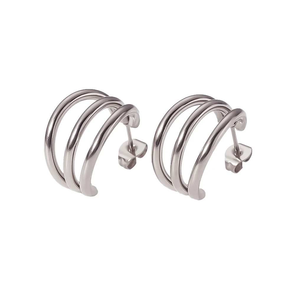 Klobige Dreifach-Creolen, 18K vergoldet, Edelstahl, feiner Schmuck, minimalistische, auffällige dreilagige Ohrringe für Damen – Detail 5