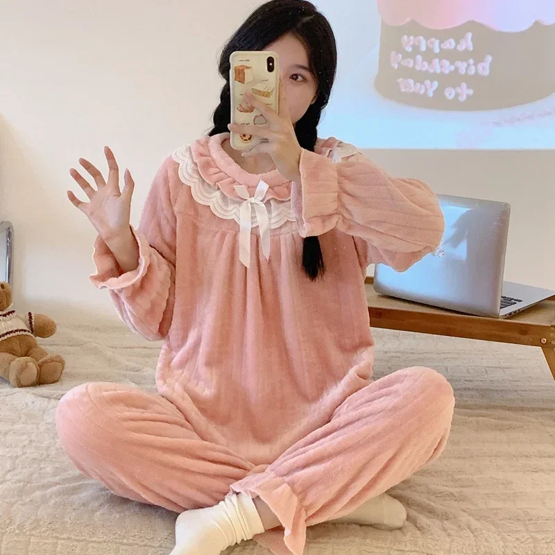 أطقم بيجامات شتوية حلوة من الدانتيل لعام 2025 بأكمام طويلة سميكة ودافئة من الفلانيل للنساء ملابس نوم كورية لطيفة ملابس منزلية ملابس منزلية #3