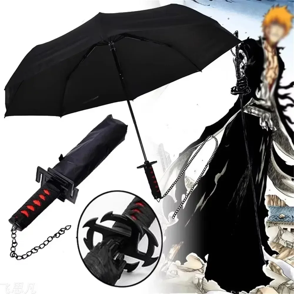 Japanese Sword UV Blocking Umbrella Black Parasol Kurosaki Ichigo Bleach Katana Real Size Katana Sabre Umbrella Anime Parasol