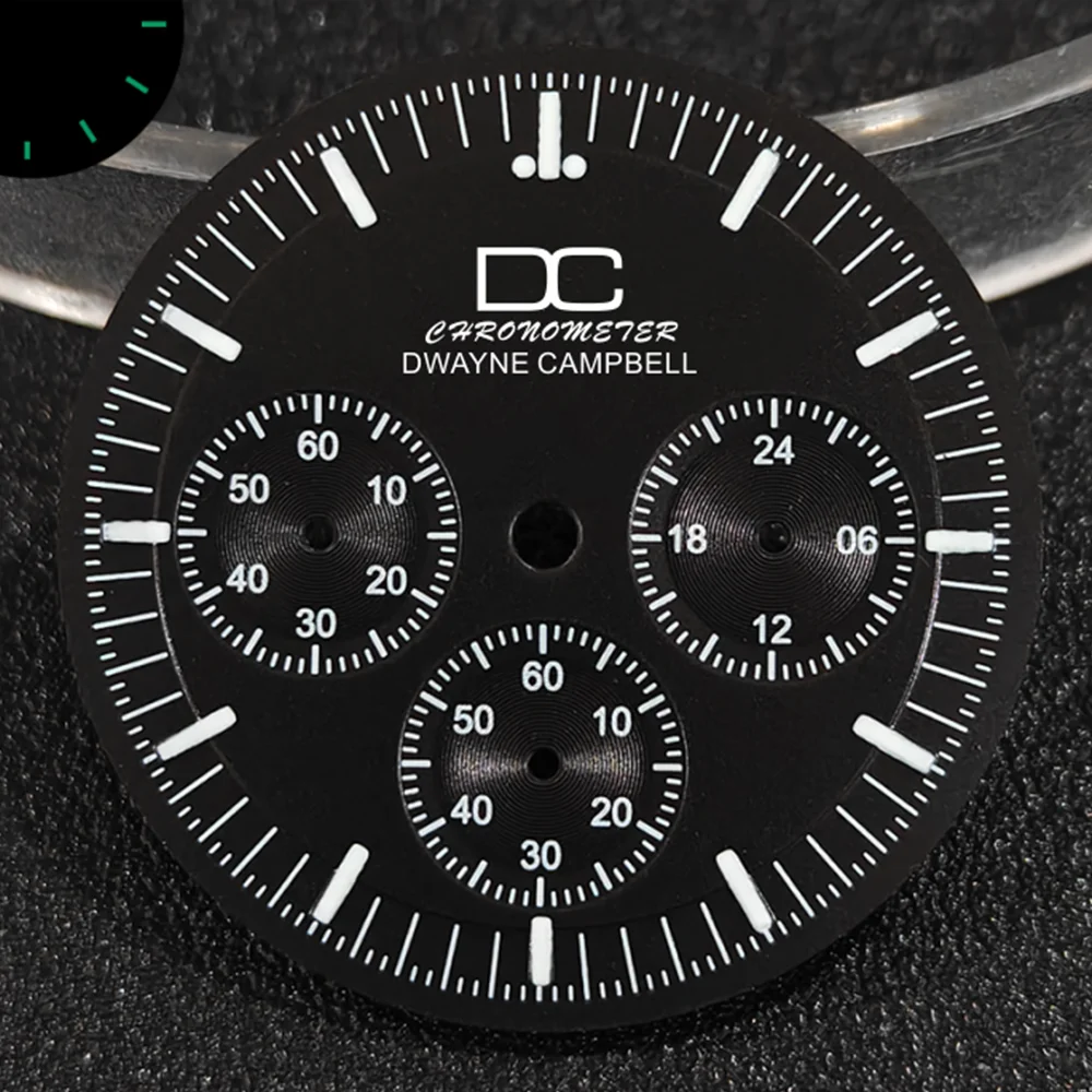 맞춤형 시계 VK63 다이얼 32.5mm C3 녹색 야광 다채로운 캘린더 창 미네랄 크리스탈 글라스 케이스 시계 액세서리