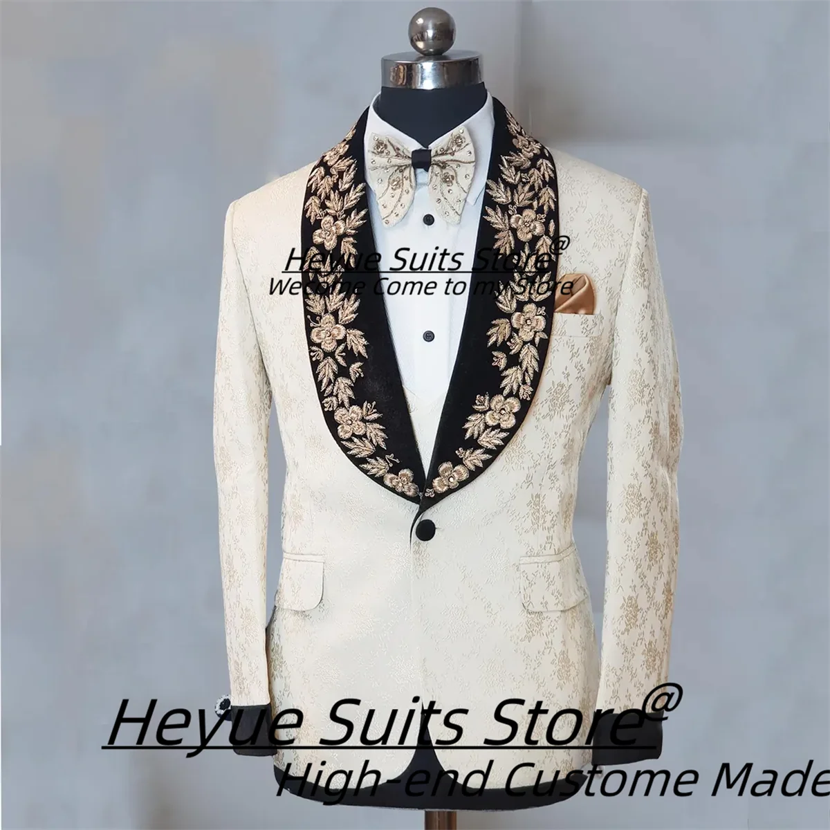 

Высококачественные мужские костюмы из жаккардовой ткани, индивидуальный размер, роскошная шаль с лацканами и вышивкой, свадебные смокинги для жениха, комплекты из 2 предметов, костюм Homme