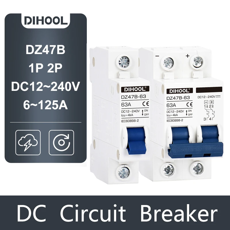 DC 12V 24V 48V 72V MCB Battery Mini Circuit Breaker 16A 25A 32A 63A 100A 125A PV DC Positive And Negative Protection Air Switch