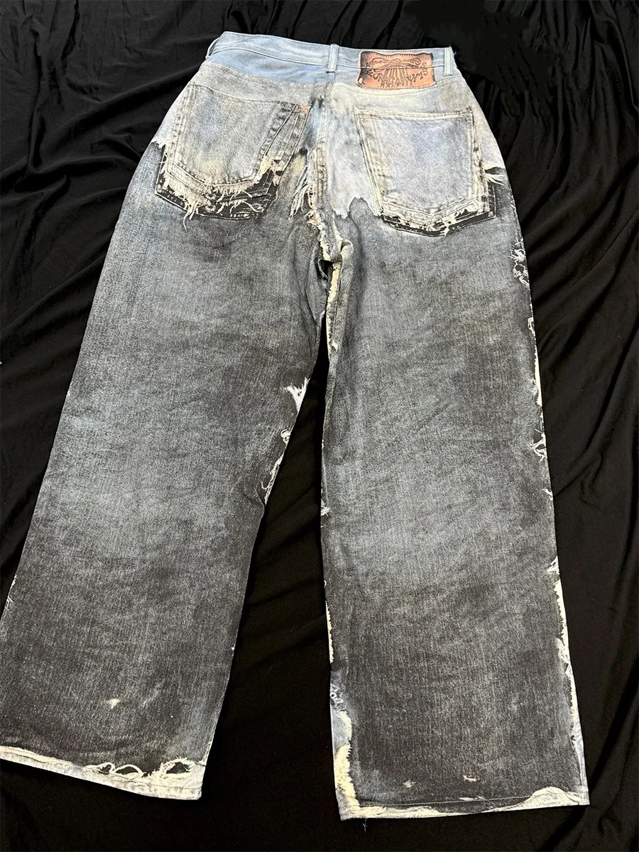 2025 Nuovo Stile Americano High Street Stile RO Pantalones Hombre Lavaggio Pesante Stampa Bordo Grezzo Denim Jeans a Gamba Larga per Uomo