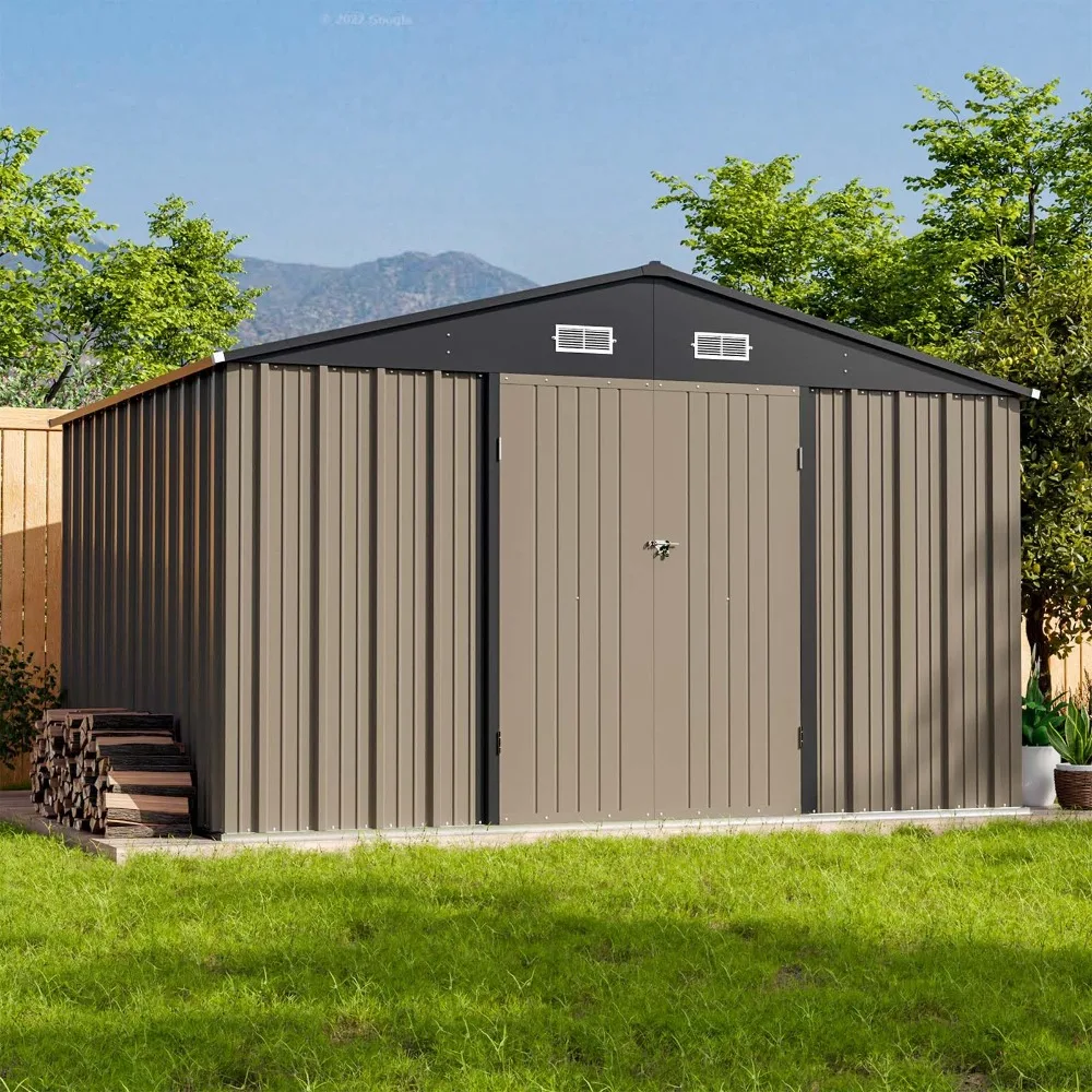 

10 x 8 FT Outdoor Storage Shed with Floor Frame, Large Garden Tool Metal Shed with Sloping Roof and Double Lockable Patio Lawn