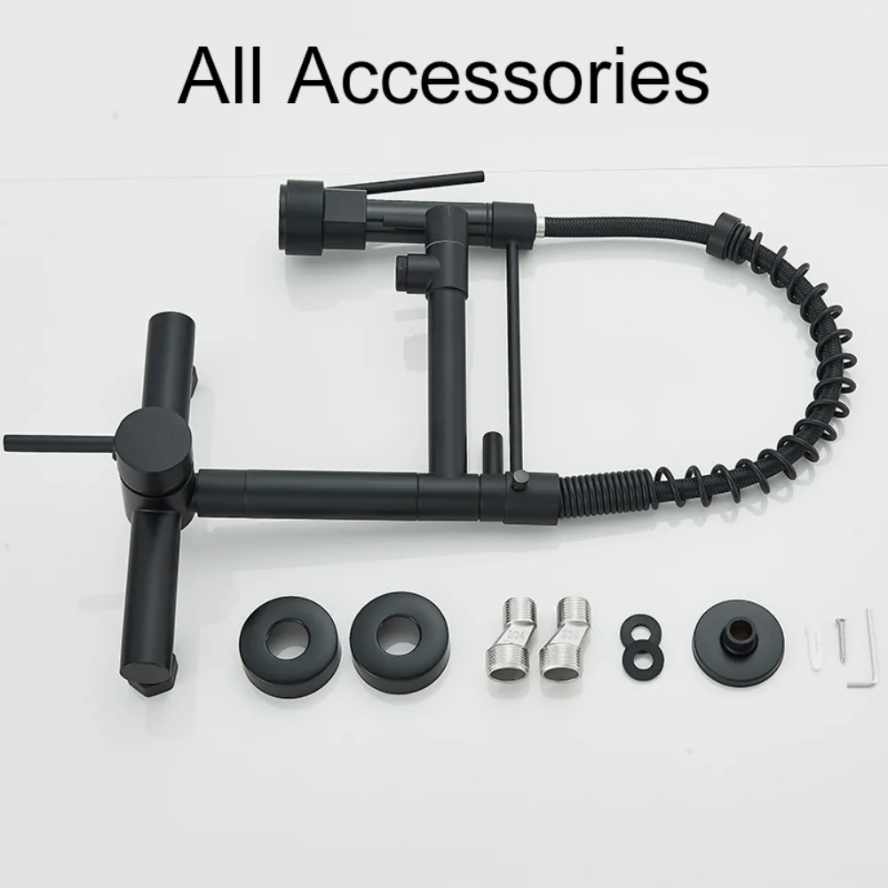Black Kitchen Faucet Wall Mounted Single Handle Hot Cold Water Kitchen Mixer Tap Dual Swivel Spout Spring Pull Down Faucets