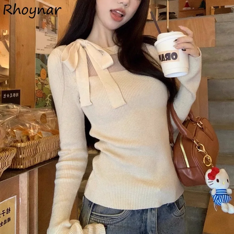 Pullovers Women Lace-up Patchwork Long Sleeve Knitted Sweater Tender Skin-friendly Basic Solid Inner All-match Ulzzang Autumn