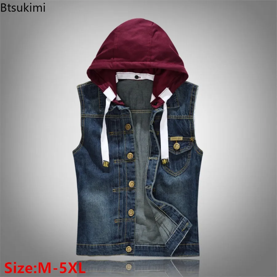 

New 2025 Men's Plus Size Denim Vests Slim Sport Hooded Cotton Vest Coat Trend Motorcycle Vest Tops Man Sleeveless Denim Jackets