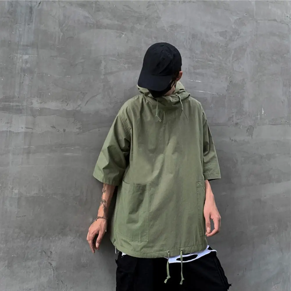 Men's Pullover Hooded Half Sleeve Jacket Top with Big Pocket Solid Color Dress-up Polyester Men Hooded T-Shirt Pullover Top