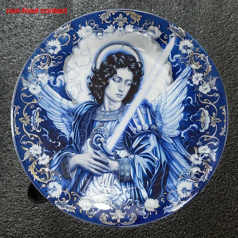 1pc Vintage Blue Angel with Sword Ceramic Wall Art Plate - Elegant Religious Decor, Non-Food Contact Decoration for Home,