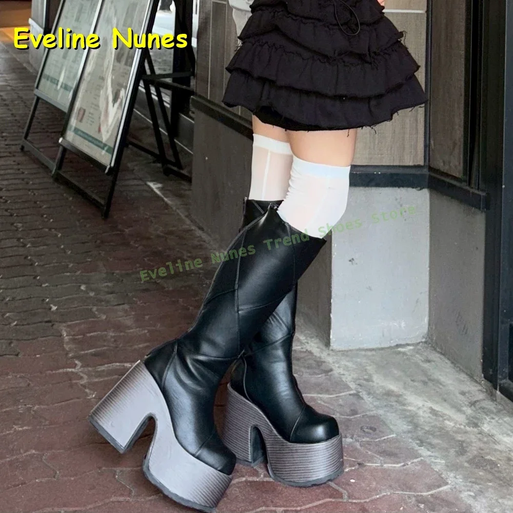 

Diamond Grid Platform Knee High Boots Round Toe Height Increase Zipper Closure Women Sleek Modern Booties 2025 New Style Shoes