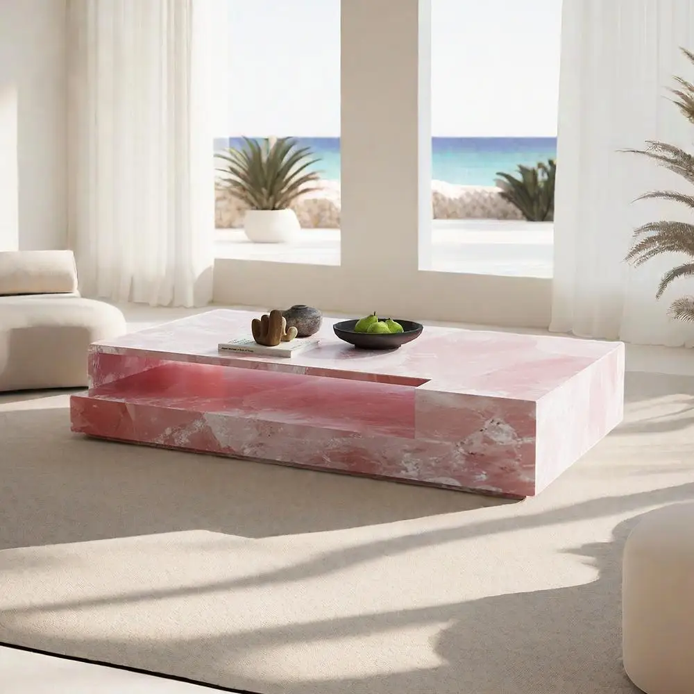 

"Pink Jade Marble Coffee Table - Luxury Slate Stone Rectangular Designer Tea Table Custom Living Room Centerpiece"