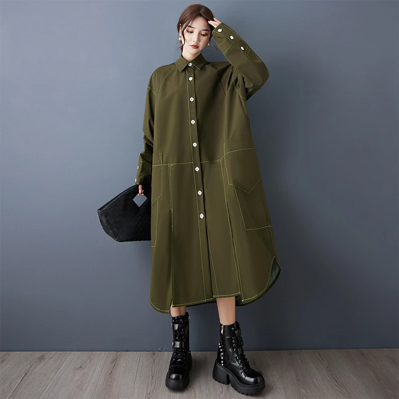 Retro onregelmatige stiksels Windjack Jaet Faionable High-End irt Dr Pure Color Klein ence Design Long Sve Po...