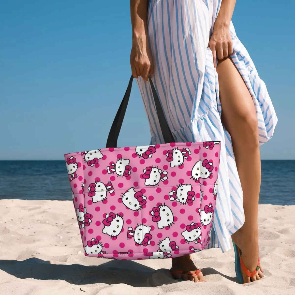 Custom Red Polka Dot Hello Kitty Cat Beach Tote Bag donna White Kitten Big scomparto Beach Gym borse da viaggio