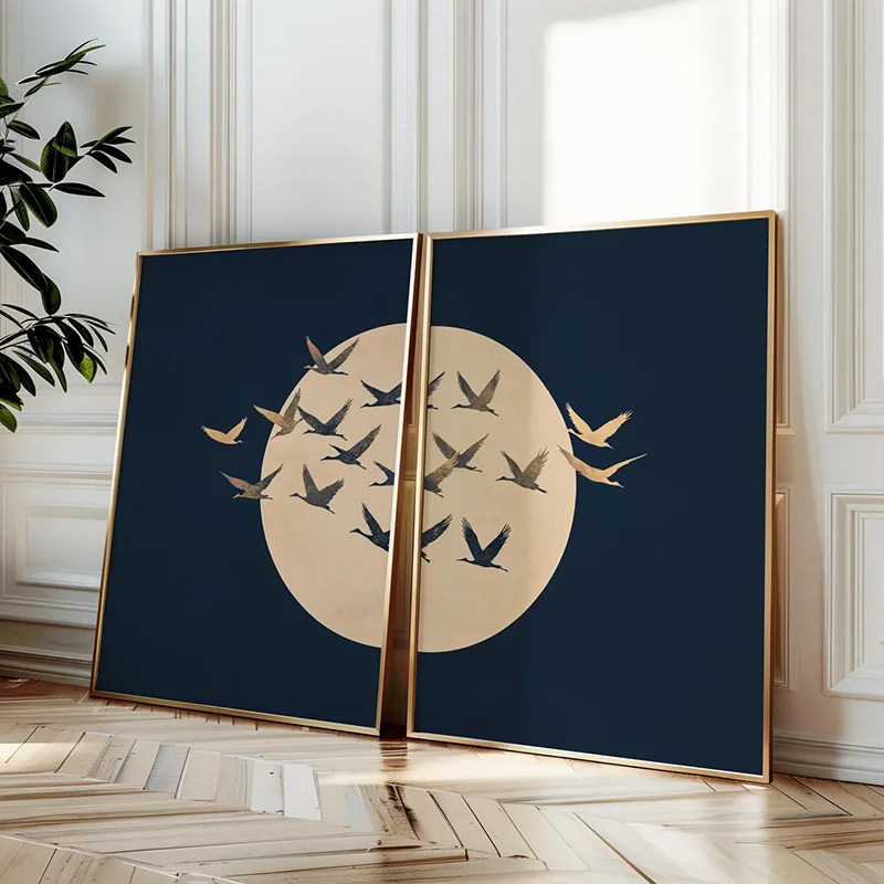2pcs frameless Canvas Painting 2PCS Japanese Style Flying Cranes Poster  Blue Gold Moon Wall Decor  Elegant Gallery Wall Art  Ca