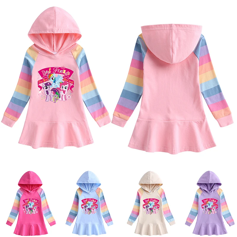 

Disney Girls Princess Dress Frozen Cartoon Snow Queen Anna Elsa Pattern Rainbow Long Sleeve Children Hooded Sweater Dress