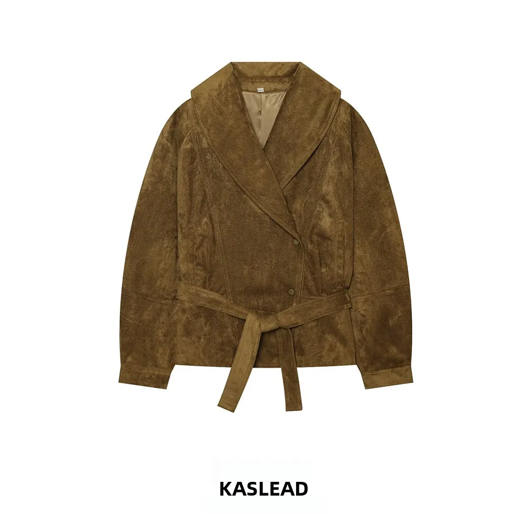 KASLEAD Women's Long Sleeve Faux Velvet Jacket Coat Stylish European Style Double Breasted Lapel Short Outerwear 2026 Autumn
