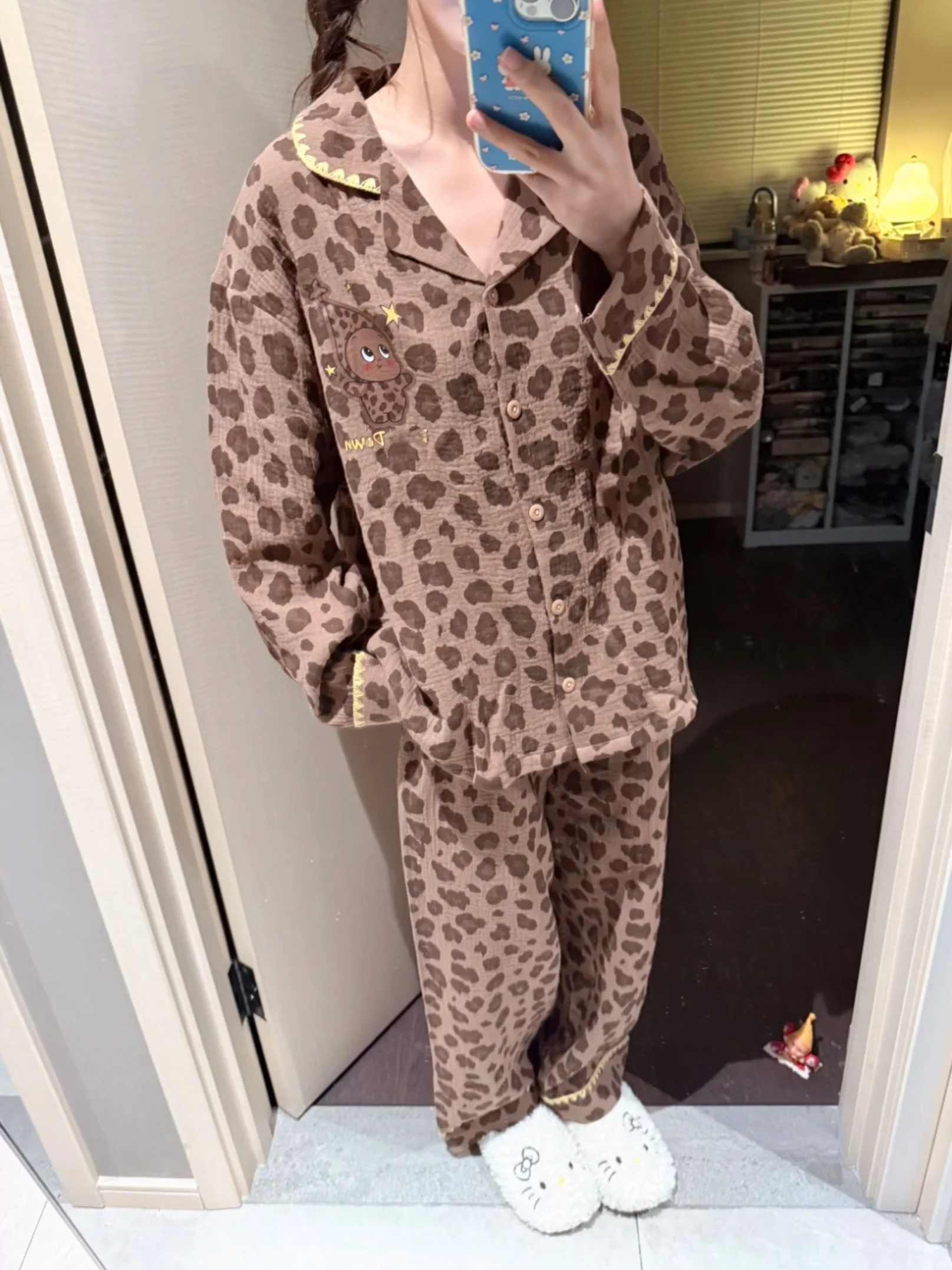 

Pure Cotton Spwear Long Sve Long Pants Cartoon Girl Home Clothes Outwear Spring Autumn Cute Leopard Print Comfortable H...