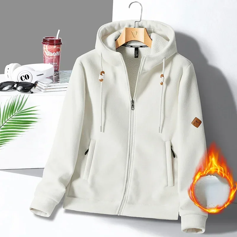 Winter Warm Cashmere Jacket Mens High-end Ski Fleece Iined Thickened Hoodie Coat Casual Womens Outdoor Camping Cold-proof Jacket