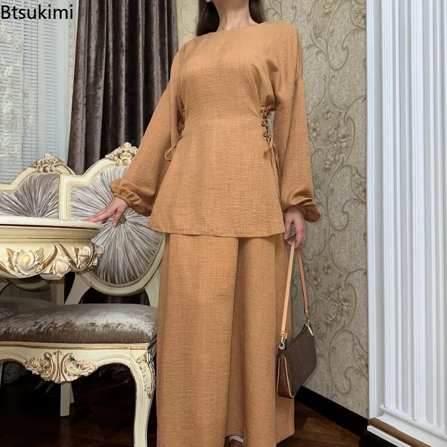 2024 Middle East Arab Women Muslim Sets New Fashion Lace-up Long Sleeve Shirt+Long Skirt Casual Suit Women Islam Modest Clothing