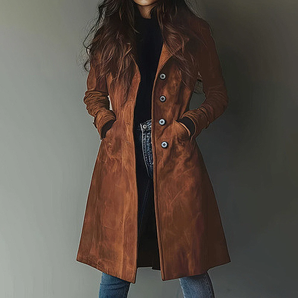 

Elegant Long Women's Jacket Faux Leather Velvet Warm Autumn Casual Classy Windbreaker Coat