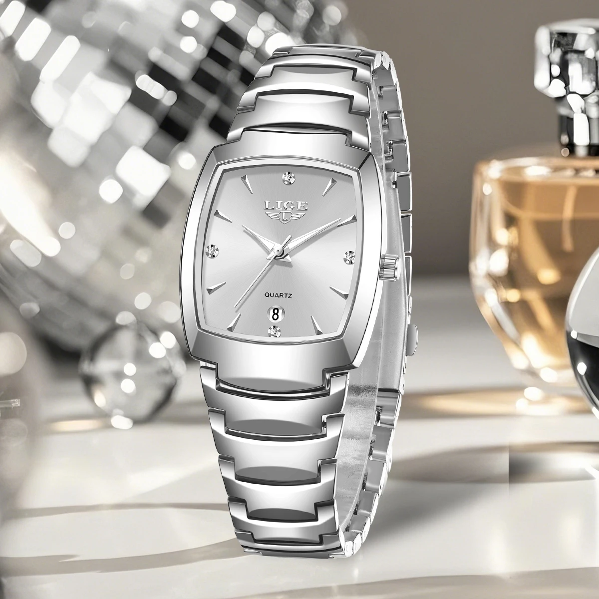 ساعات LIGE النسائية المربعة ذات الحزام المعدني الذهبي ساعات يد كوارتز فاخرة للسيدات ساعة بمقياس ماسي + صندوق هدايا