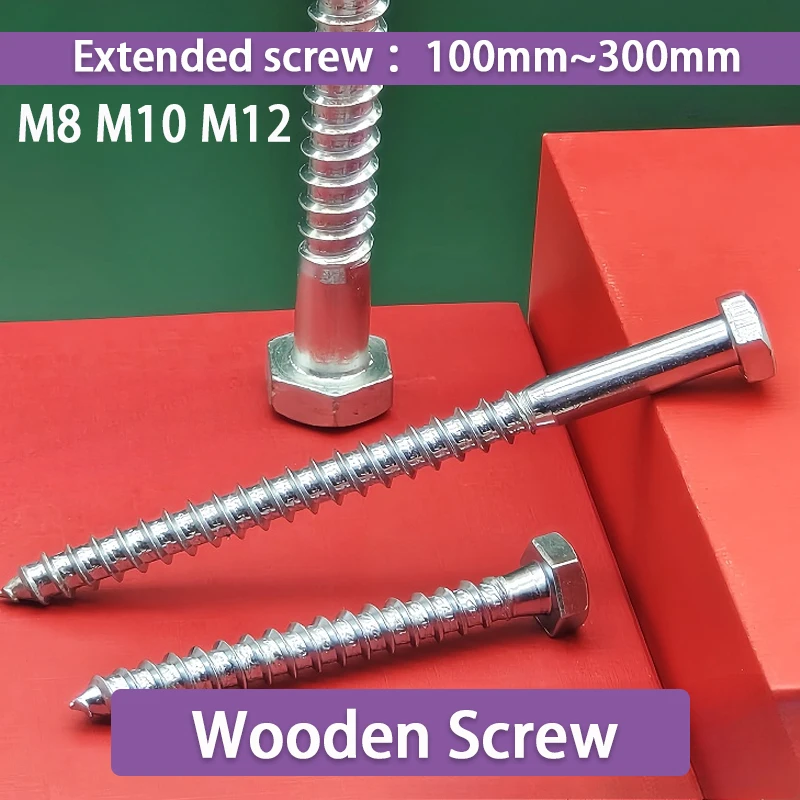 M8 M10 M12 Long 300mm Galvanized Carbon Steel Outer Hexagon Extra Long Screw Extended Self Tapping Wood Screw