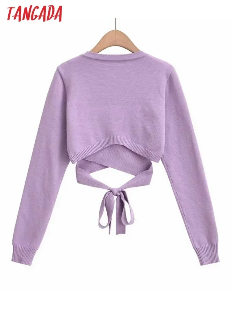 Tangada 2023 Autumn Women Cross Cropped Knitted Sweater Jumper With Slash Female Pullovers 7D50