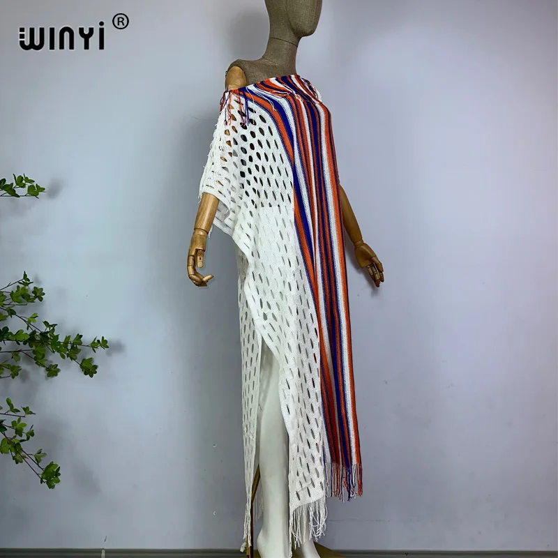 WINYI muslimsummer lavorato a maglia hollow nappa beach abito sexy elegante Bikini Cover-up donna Beach wear Solid Cloak beach dress