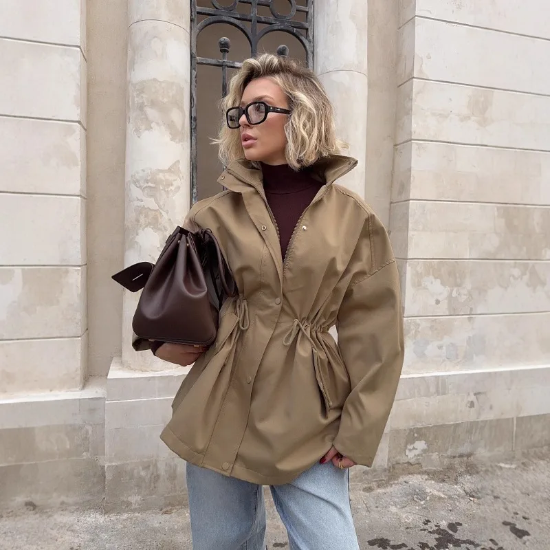 Mid-length Stand-up Collar Trench Coat for Autumn Drawstring Waist-cinching Jacket Pure Cotton Trench A Best-selling Women's Top