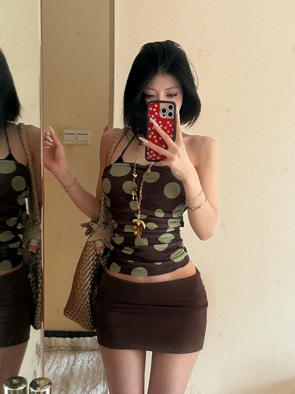 Sisjuly Hong Kong Style High Street Polka Dot Print Slim Fit Tube Top And Short Skirt Set Women's Fashion Autumn Outfit