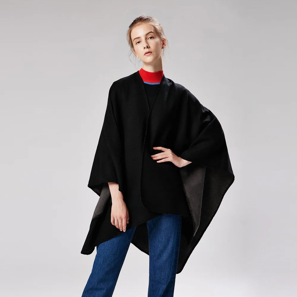 

Autumn Winter Solid Color Imitation Cashmere Large Fork Shawl Warm Monochrome Cloak Ponchos Capes Black