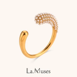 La.  Muses Stylish water drop shape inlaid imitation pearl opening Ring women stainless steel jewellery Finger Decoration gift