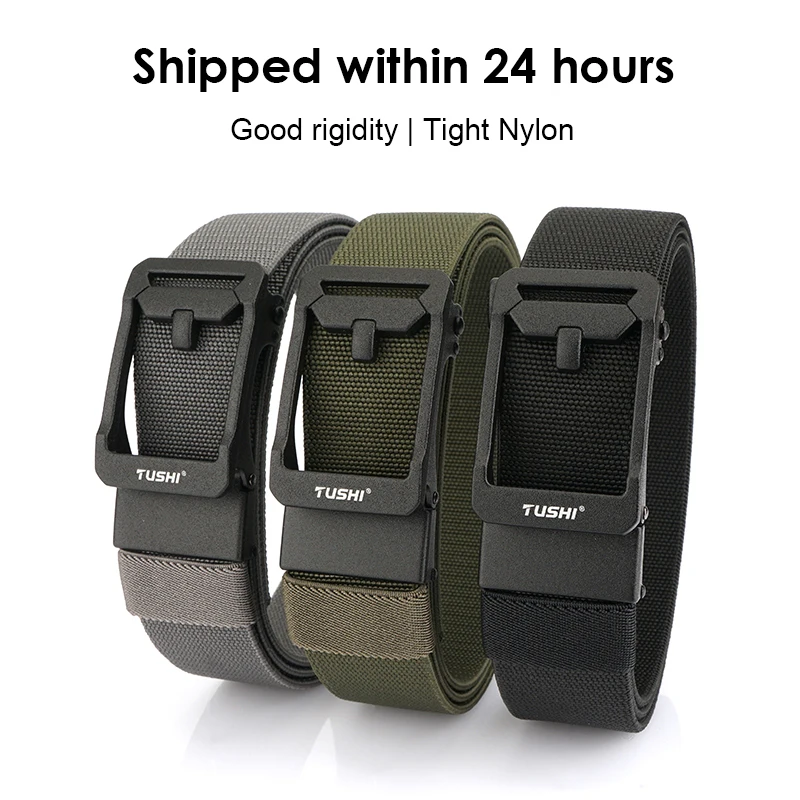 HSSEE 3.4cm Elastic Belt for Men Tight Nylon Outdoor Casual Belt Matte Black Metal Automatic Buckle Work Belt Waistband Male