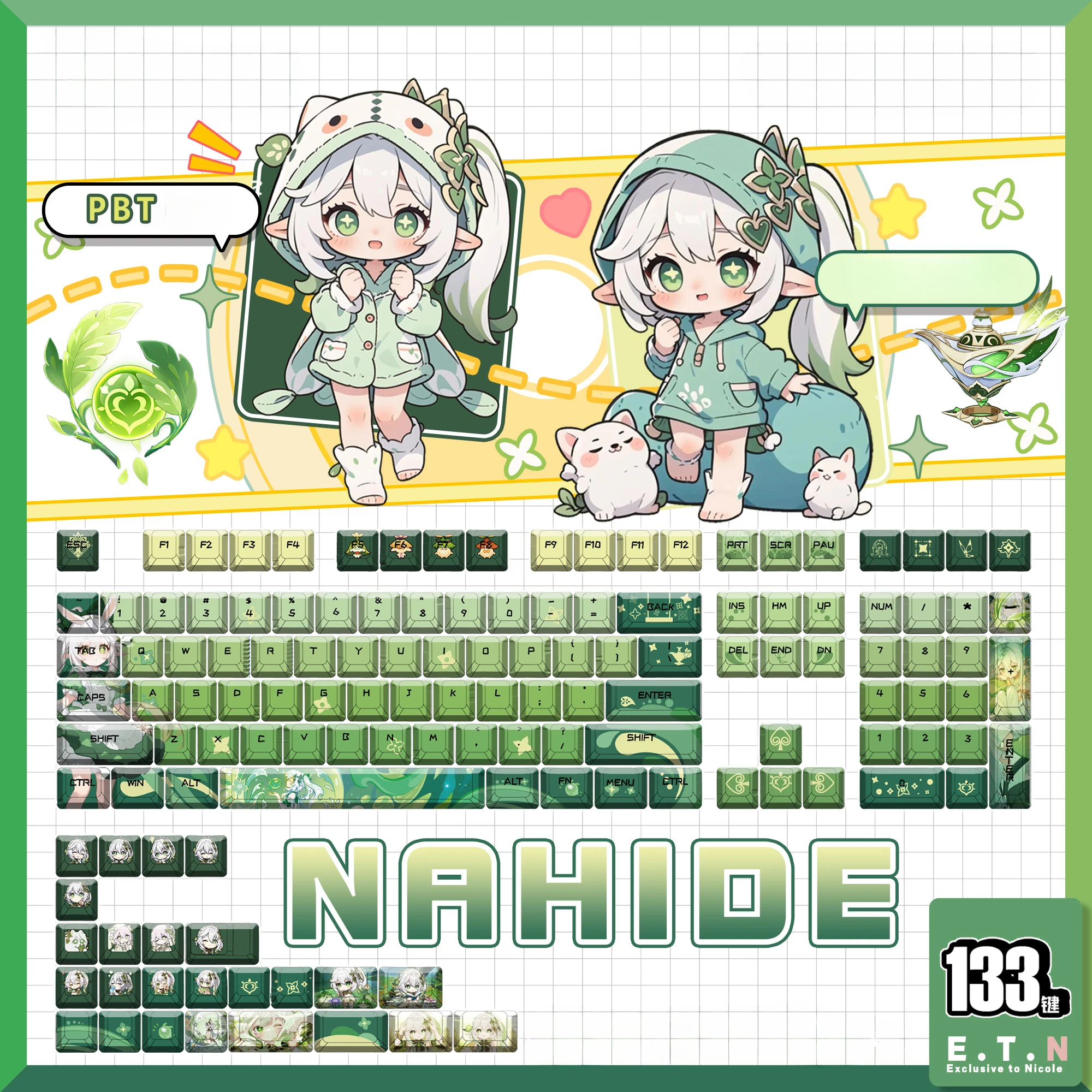 

133 Keys/Set Game Genshin Impact Nahida Cute Girl PBT Keycaps for Cherry Profile MX Switch Mechanical Keyboard Game DIY Custom