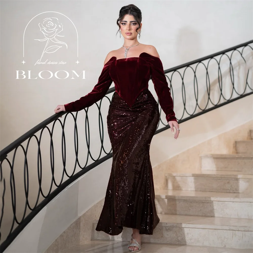 

Bloom Customized Velvet Off The Shoudler Sequin Mermaid Everning Gown Long Sleeve Ankle Length Backless Party Dress Sparking