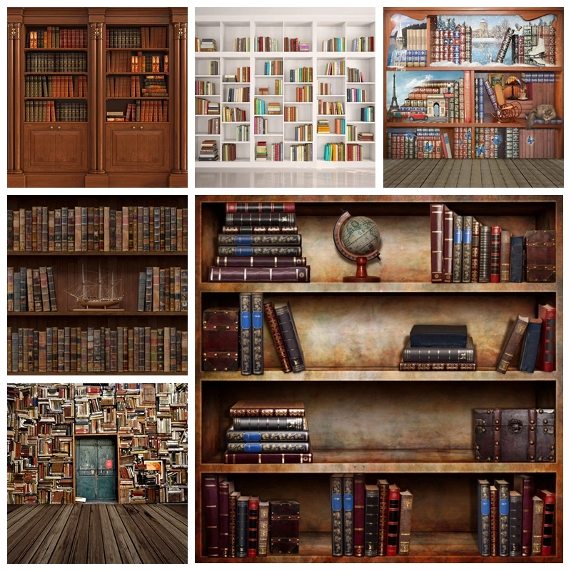 

Vintage Bookshelf Backdrop Wooden Bookcase Ancient Library Grunge Magic Books Baby Portrait Photography Background Photo Studio