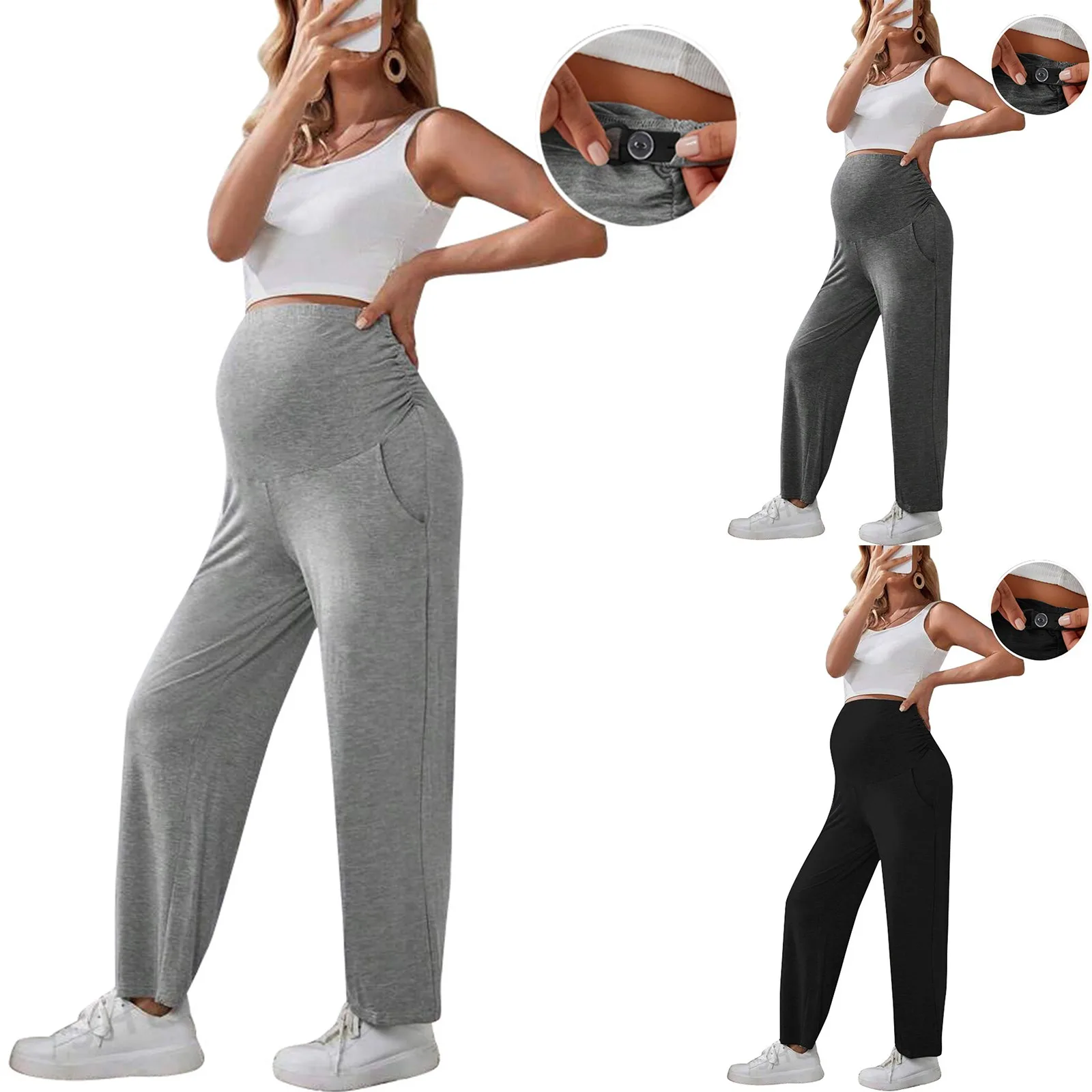 

Women's Maternity Pants Elastic High Waist Loose Casual Trousers with Pockets for Pregnancy Comfort Straight Leg Maternity Pants