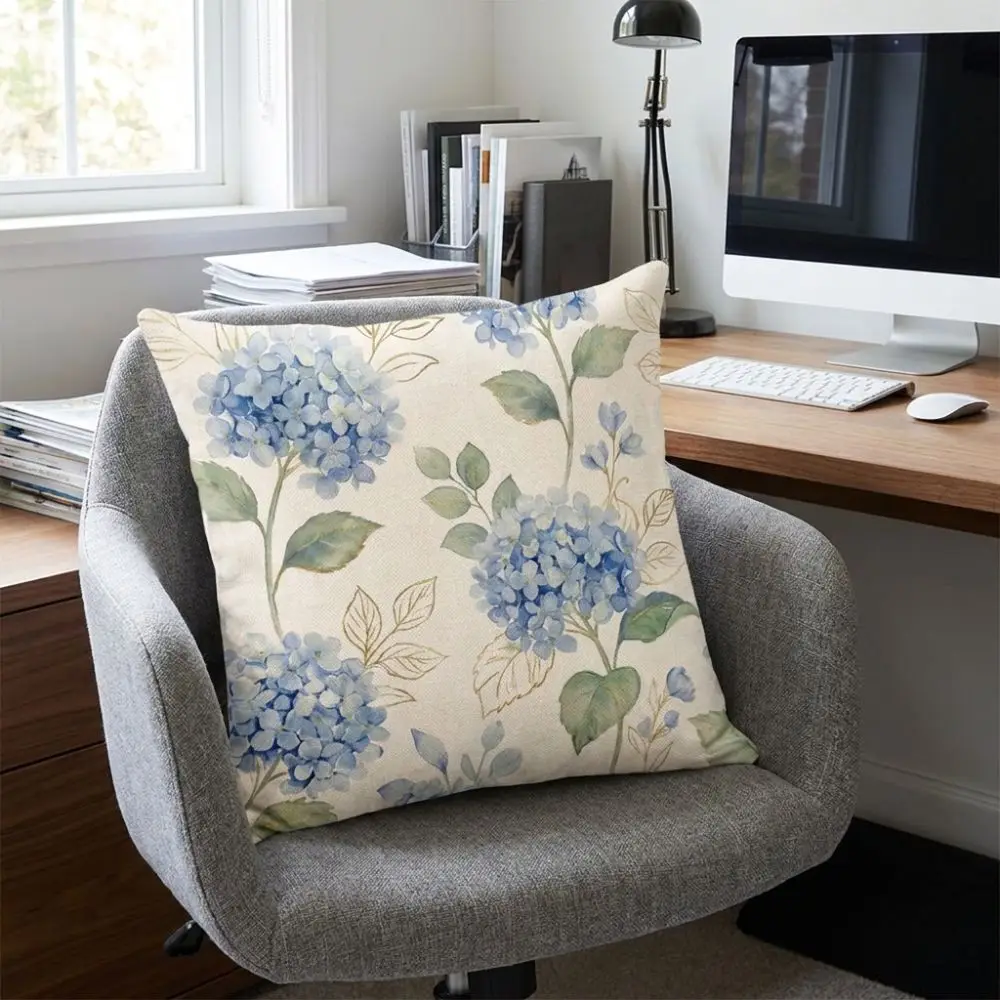Skin-Friendly Hydrangea Cushion Cover Linen Flower Printed Throw Pillow Cover with Zipper Soft Floral Pillow Cover Bedroom